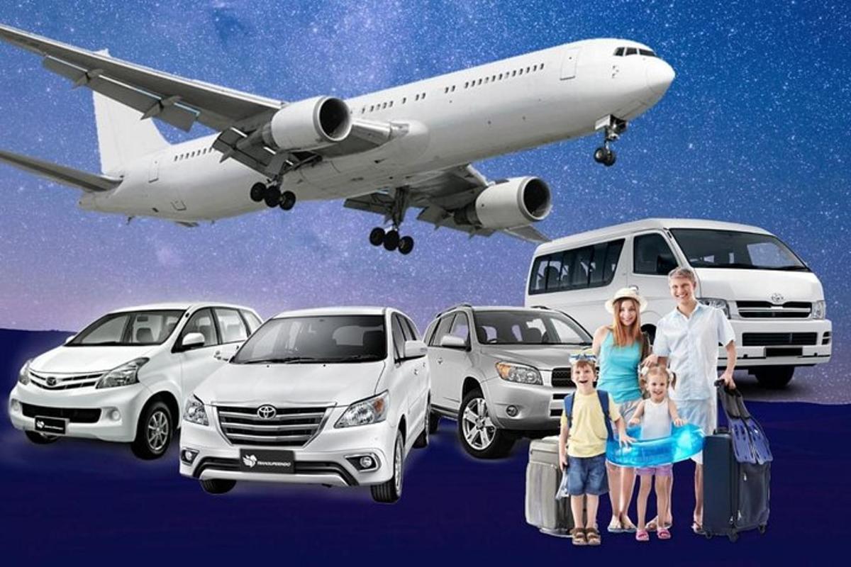 una famiglia in piedi davanti alle auto e a un aereo