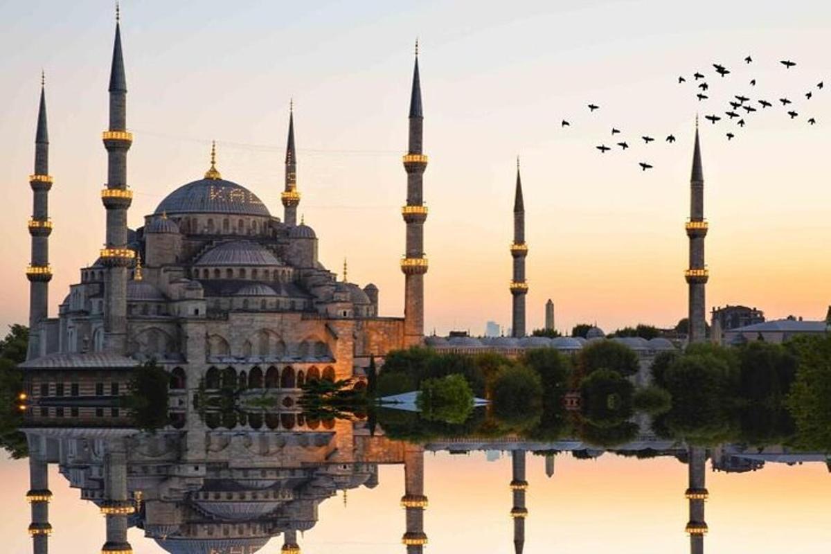 a building with two mosques and birds in the sky