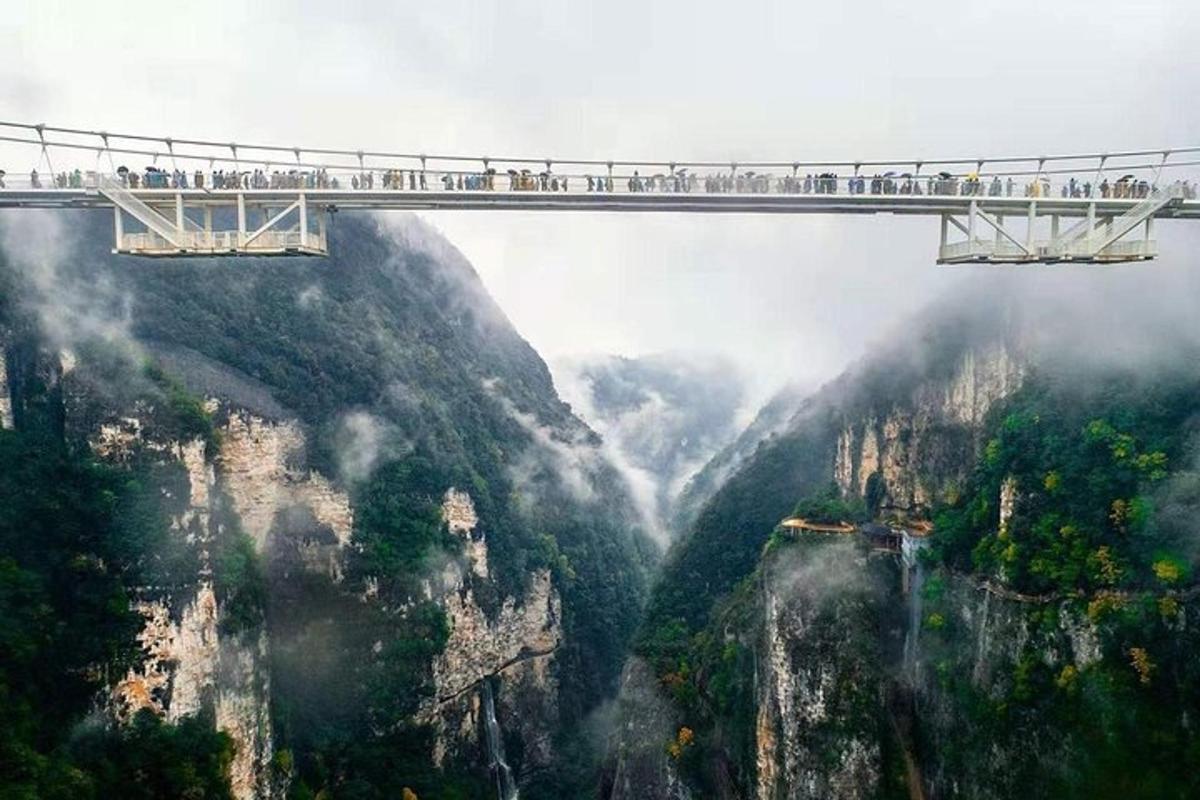 a bridge over a mountain with people on it