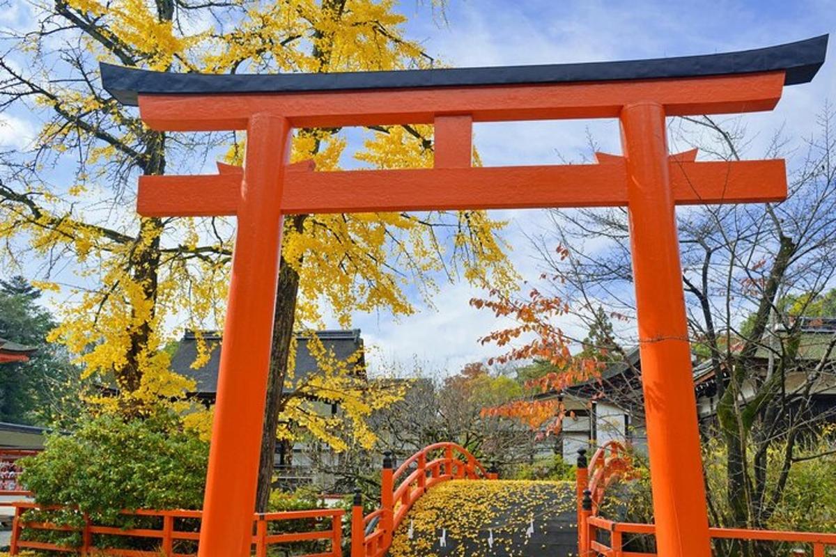 an orange torii gate in a garden with trees