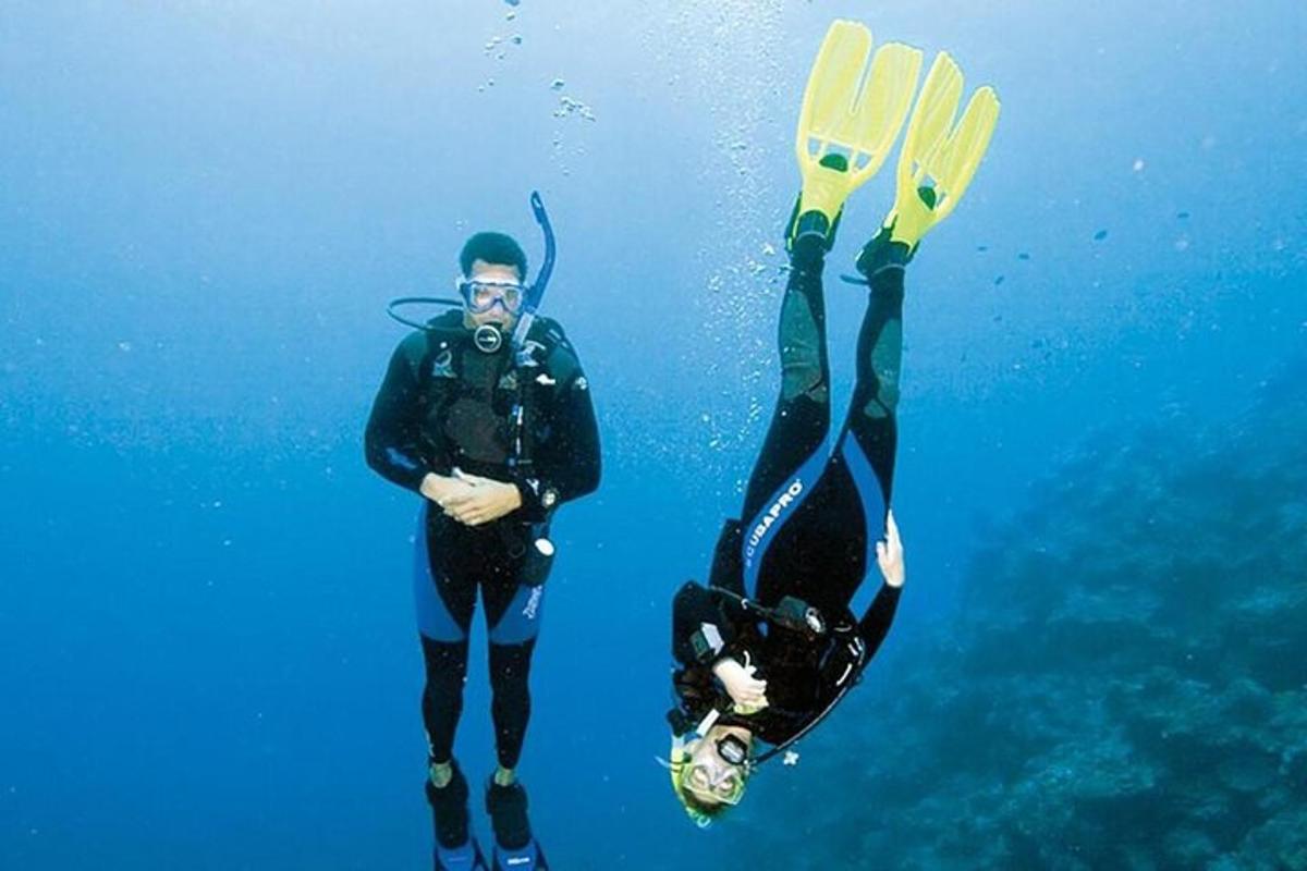dua orang berdiri di dalam air dengan ski
