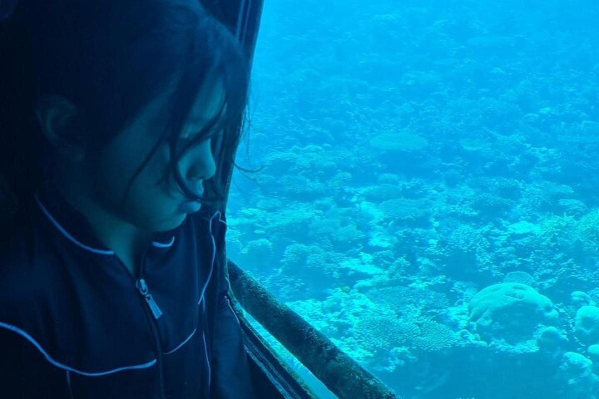 una noia mirant un peix en un aquari