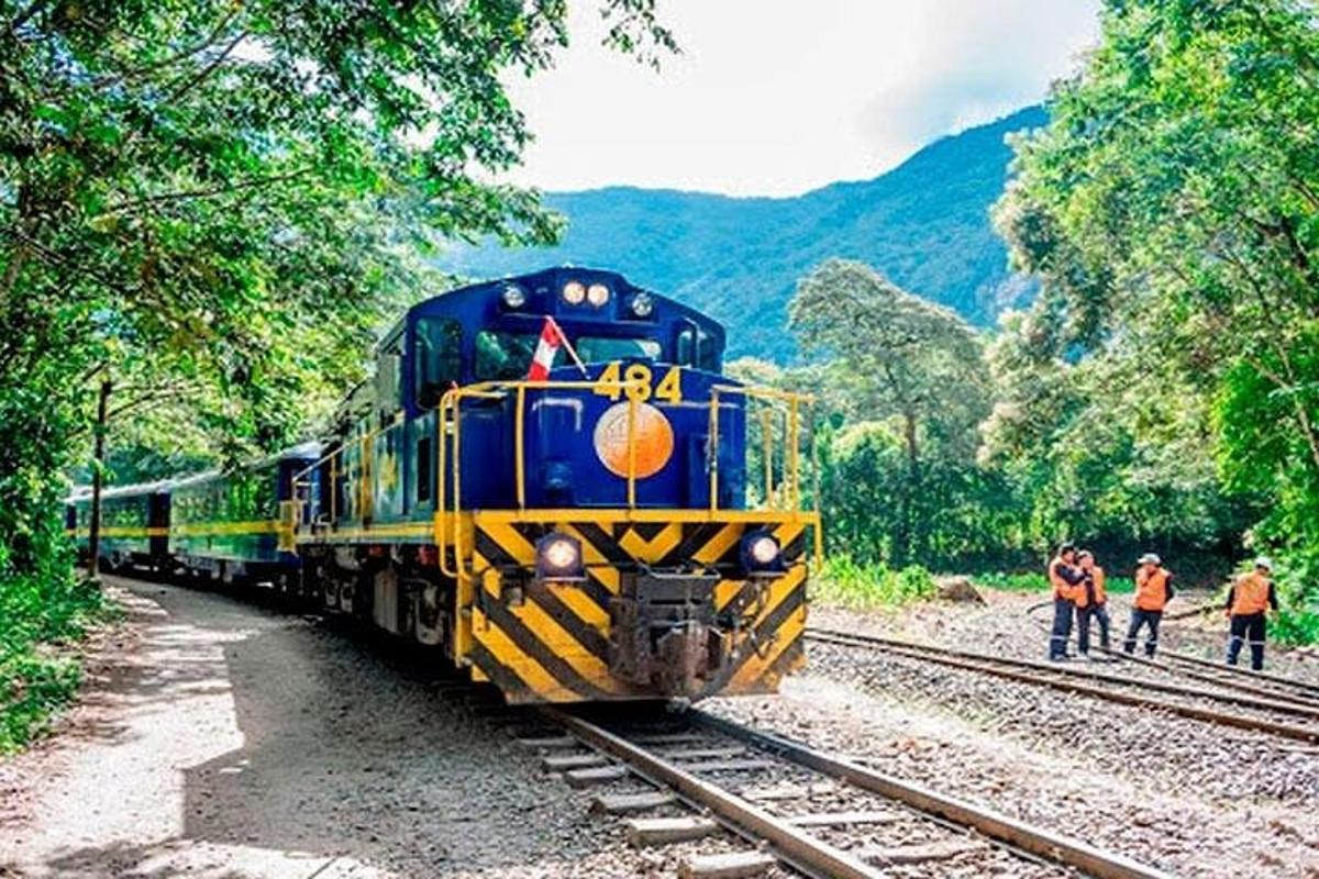 Un tren azul y amarillo viajando por las vías
