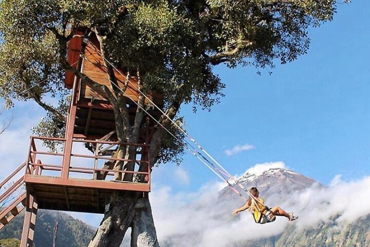 a person on a rope swing in a tree house
