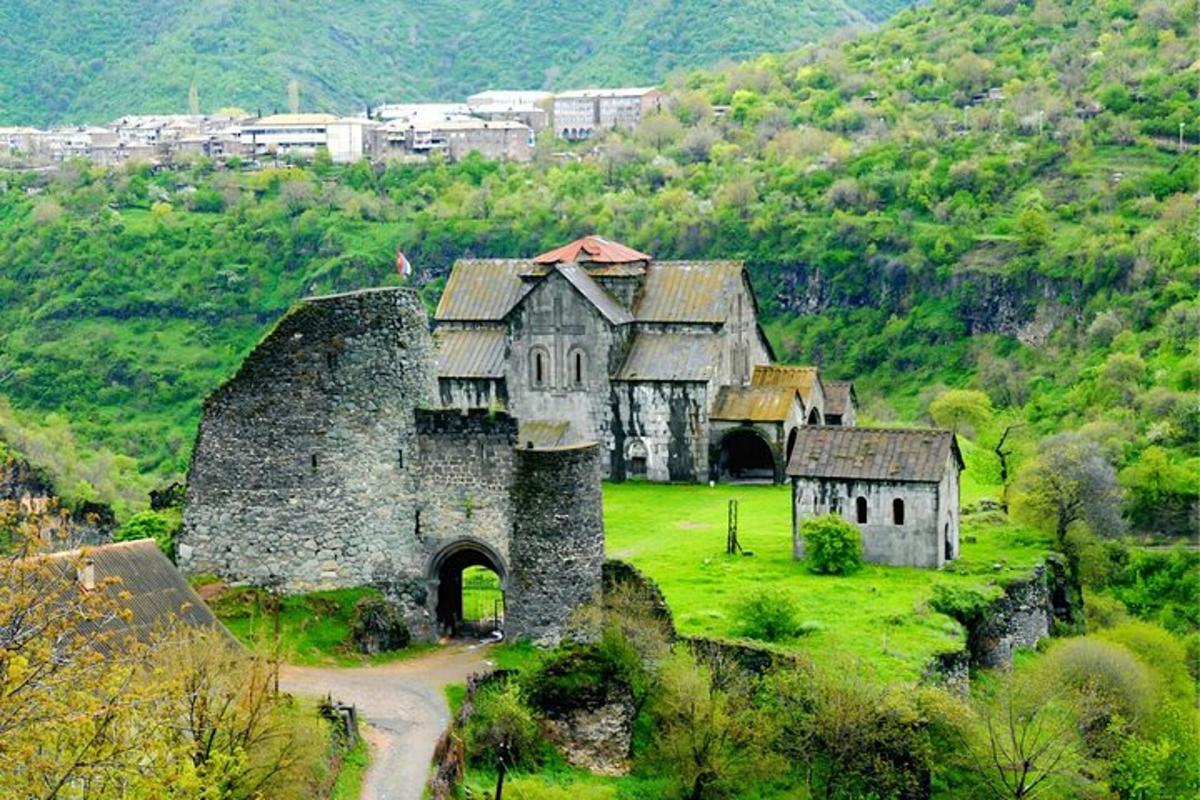 Stará budova na zelené louce s horou
