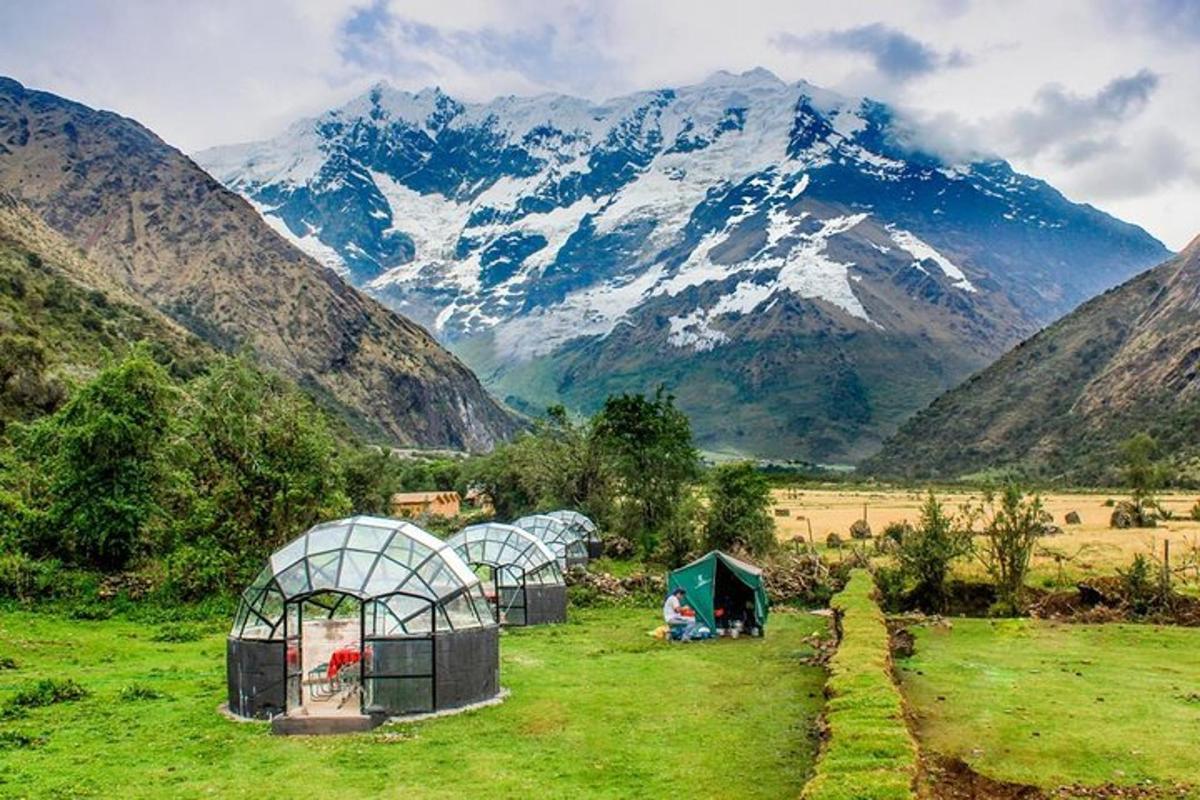 two domes in a field with mountains in the background