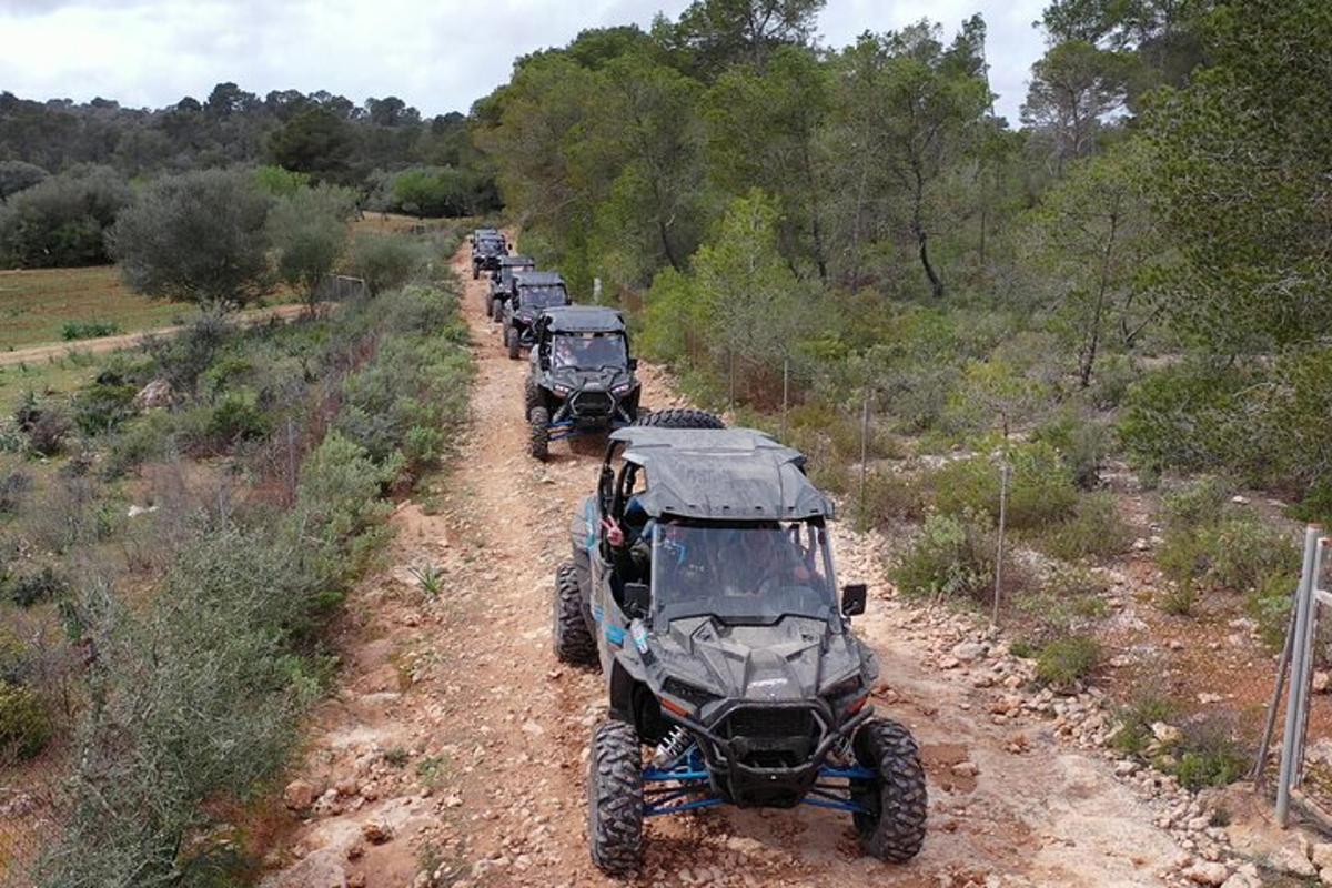 Una fila de vehículos militares estacionados en un camino de tierra