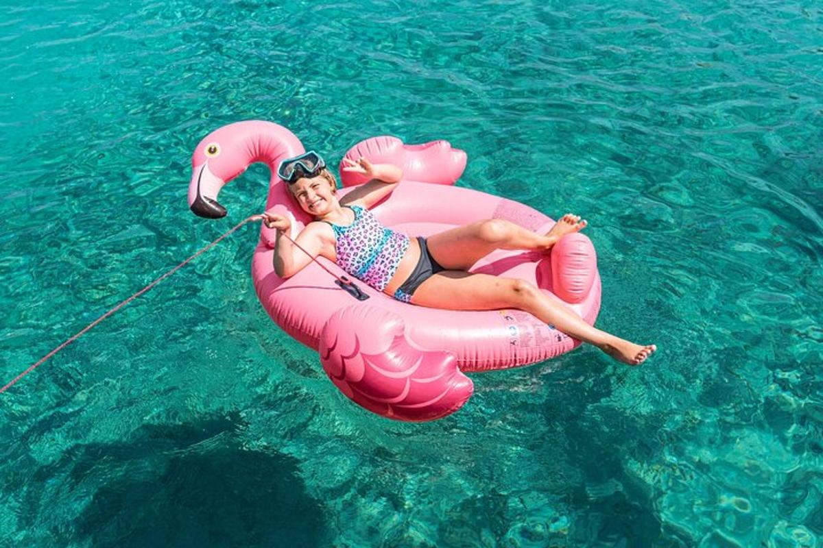 seorang wanita menunggang flamingo yang boleh dimakan di dalam air