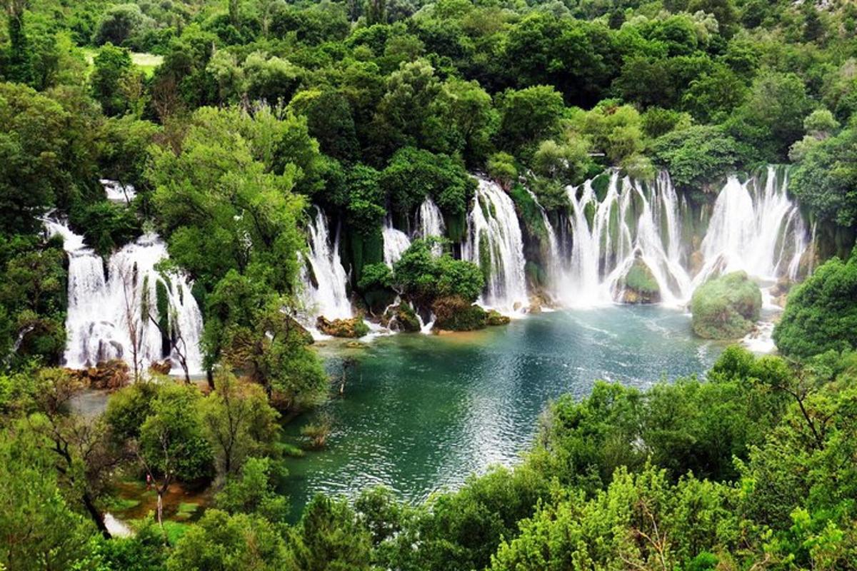 Un grupo de cascadas en un bosque con un lago.
