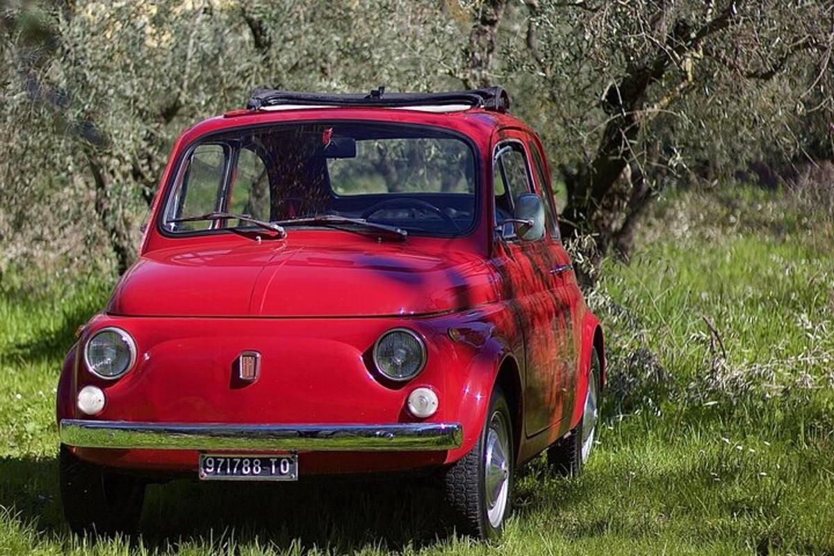 um carro vermelho estacionado em um campo de grama