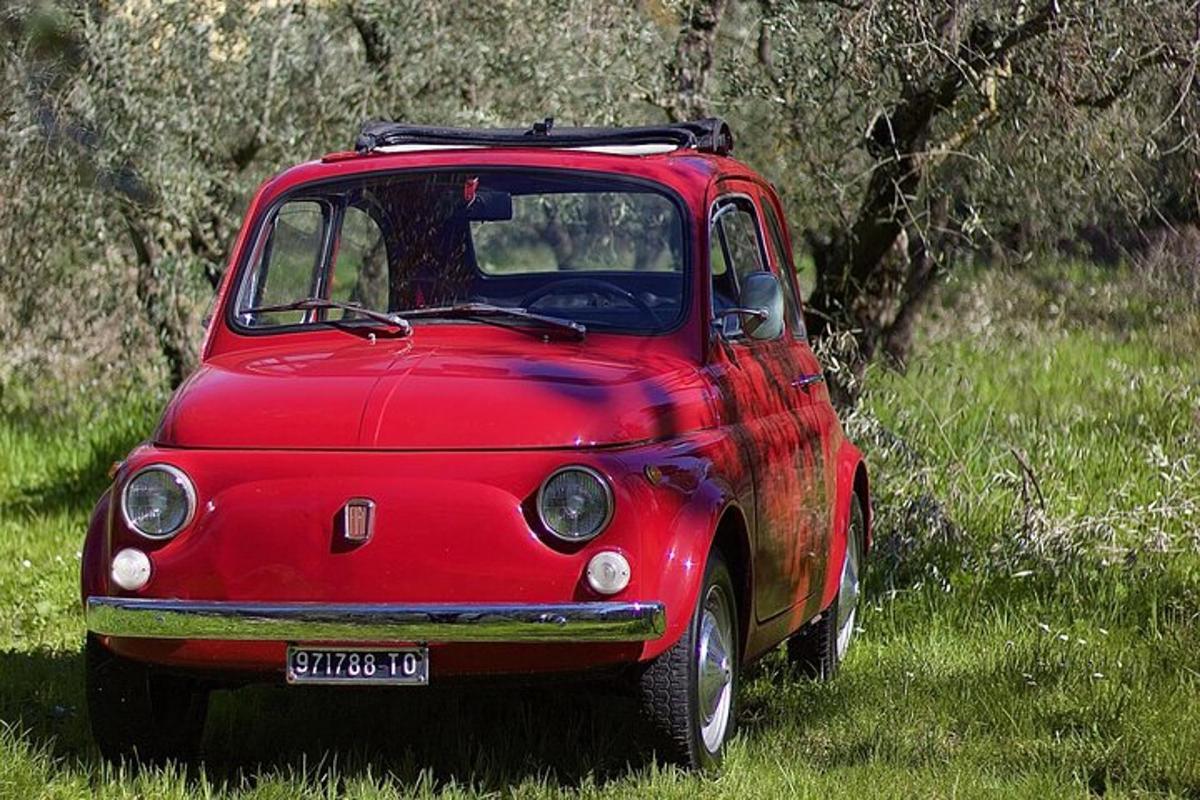 červené auto zaparkované na travnatém poli
