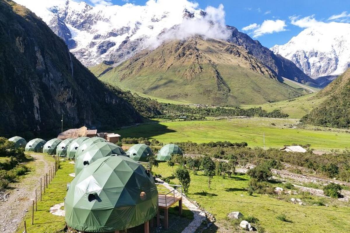 a group of tents in a field with a mountain