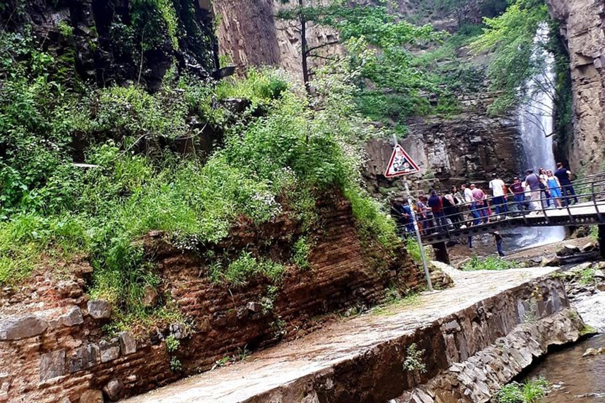 Un grupo de personas de pie en un puente cerca de una cascada.
