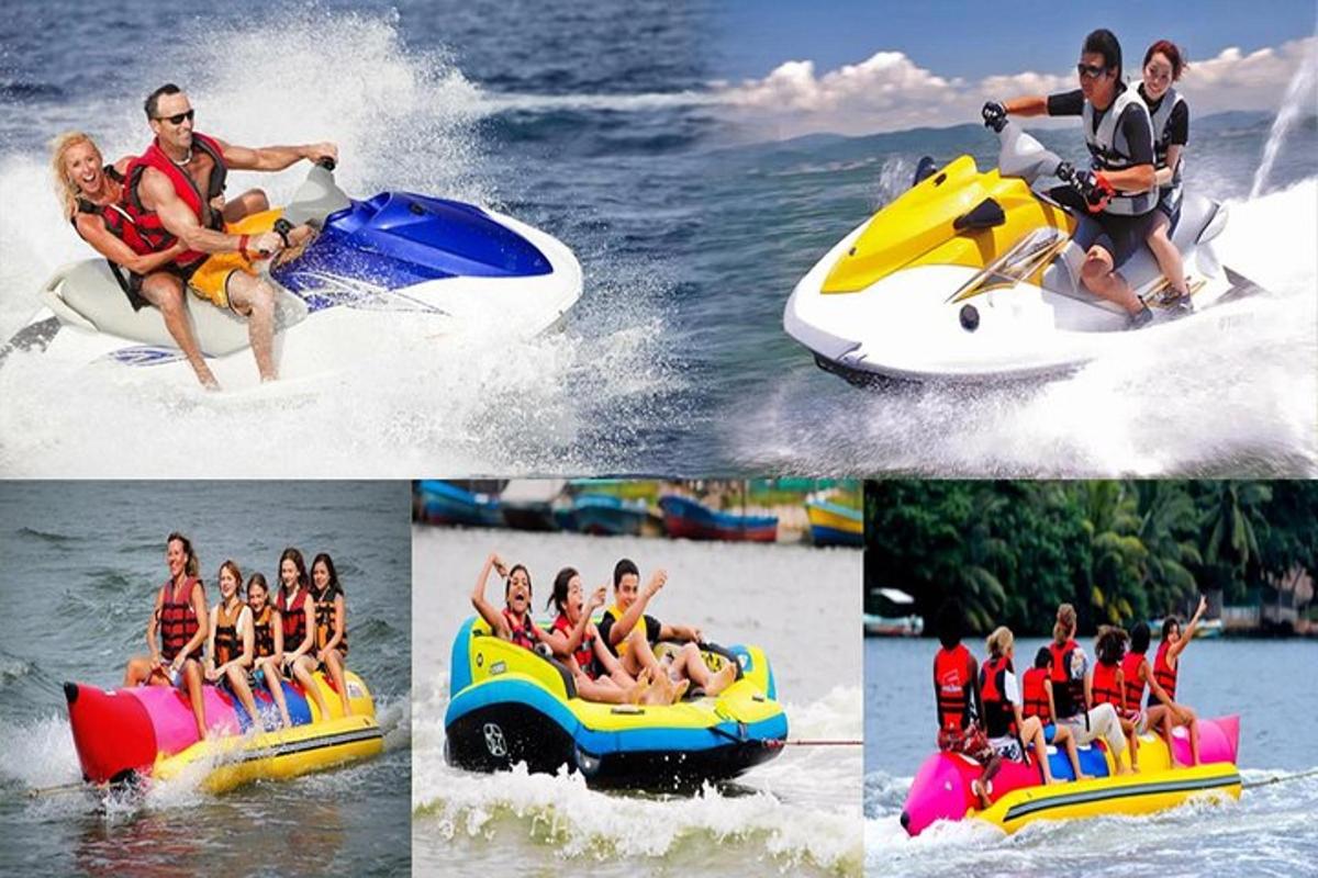 a collage of four pictures of people riding on a water slide