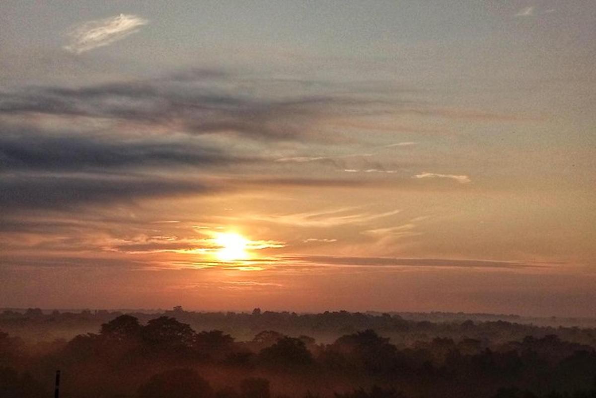 un tramonto con il sole nel cielo sopra gli alberi