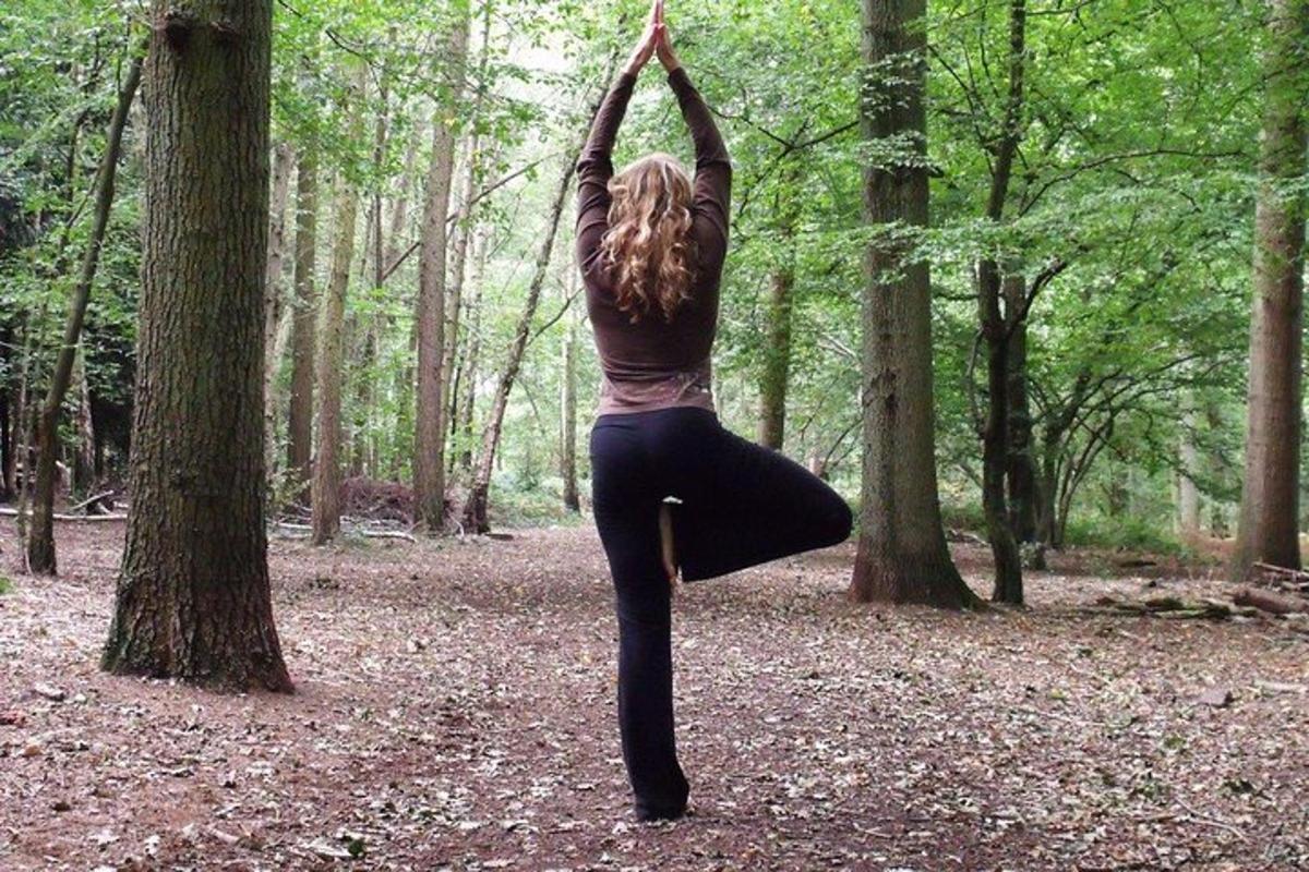 una donna che fa una posa yoga nel bosco