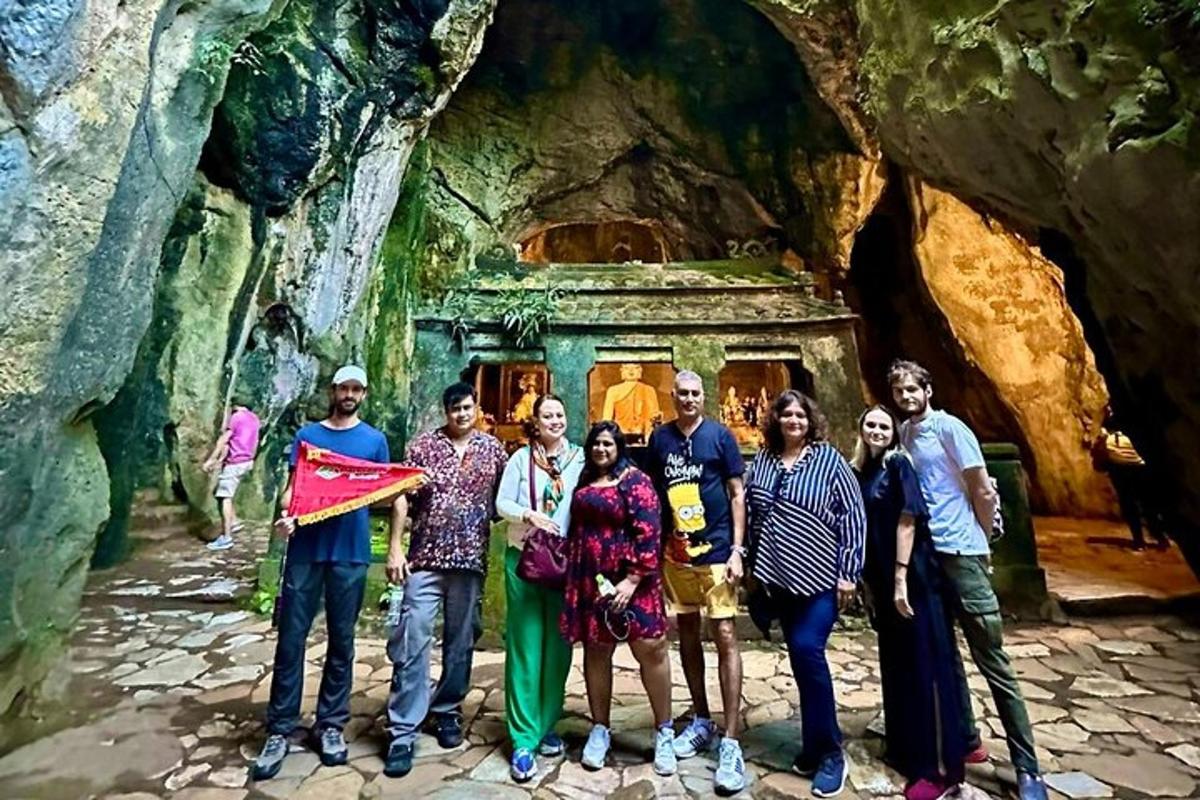 a group of people standing in a cave