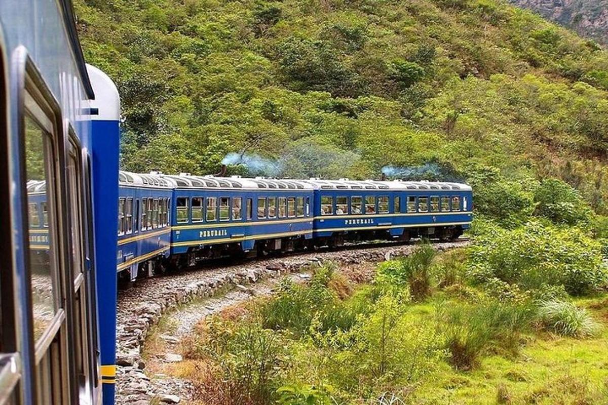 un treno blu che viaggia lungo i binari accanto a una montagna