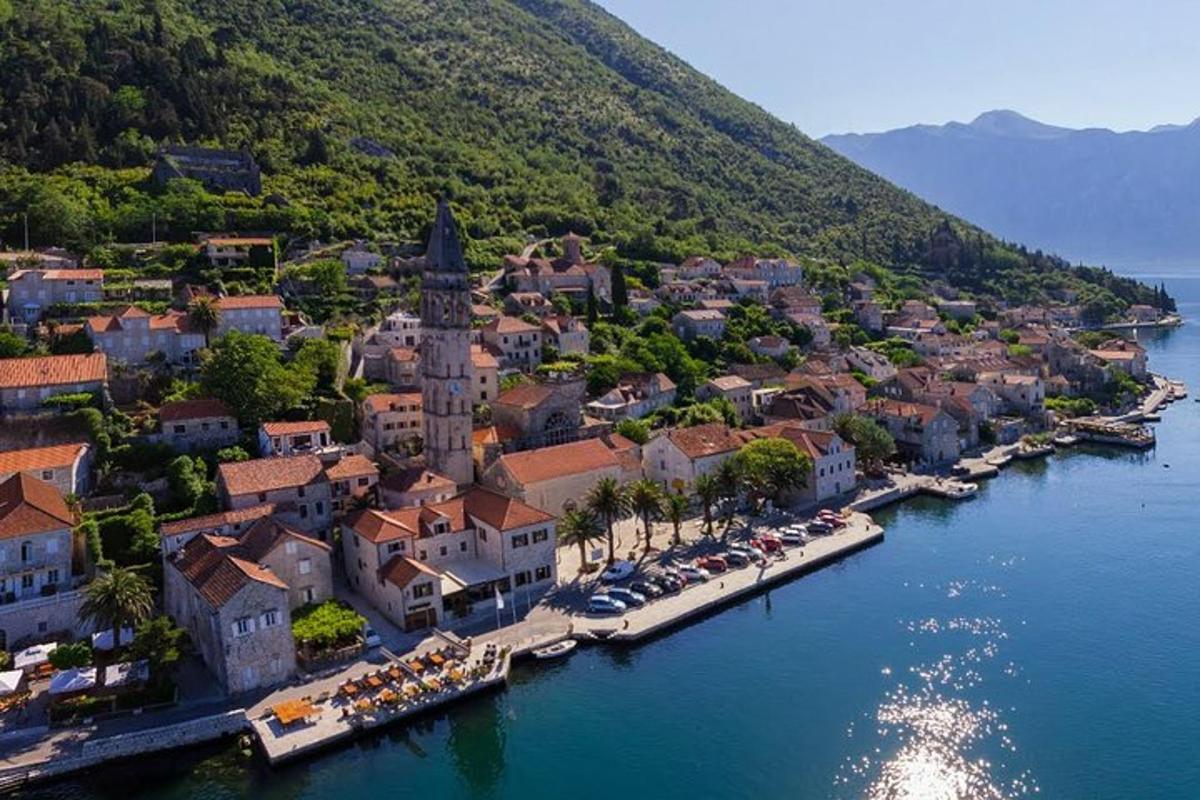 an aerial view of a small town on a river