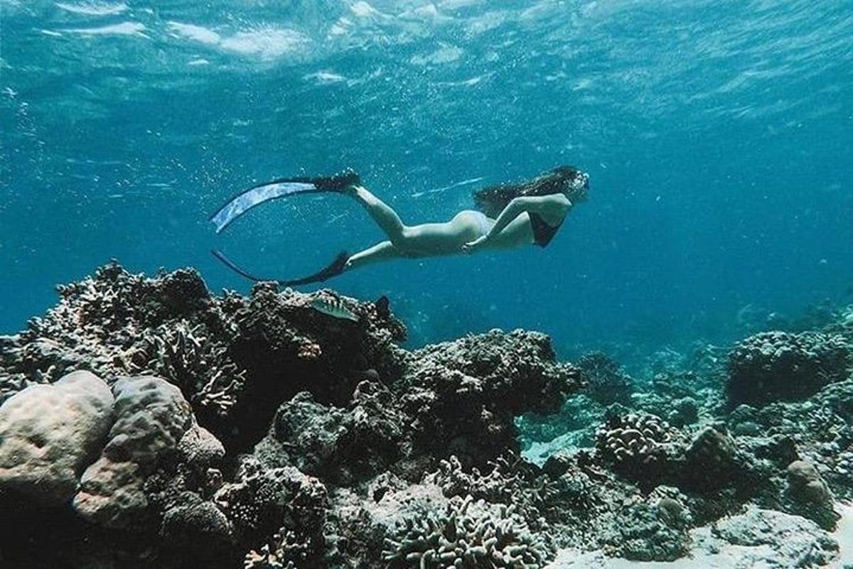 a woman is swimming over a coral reef