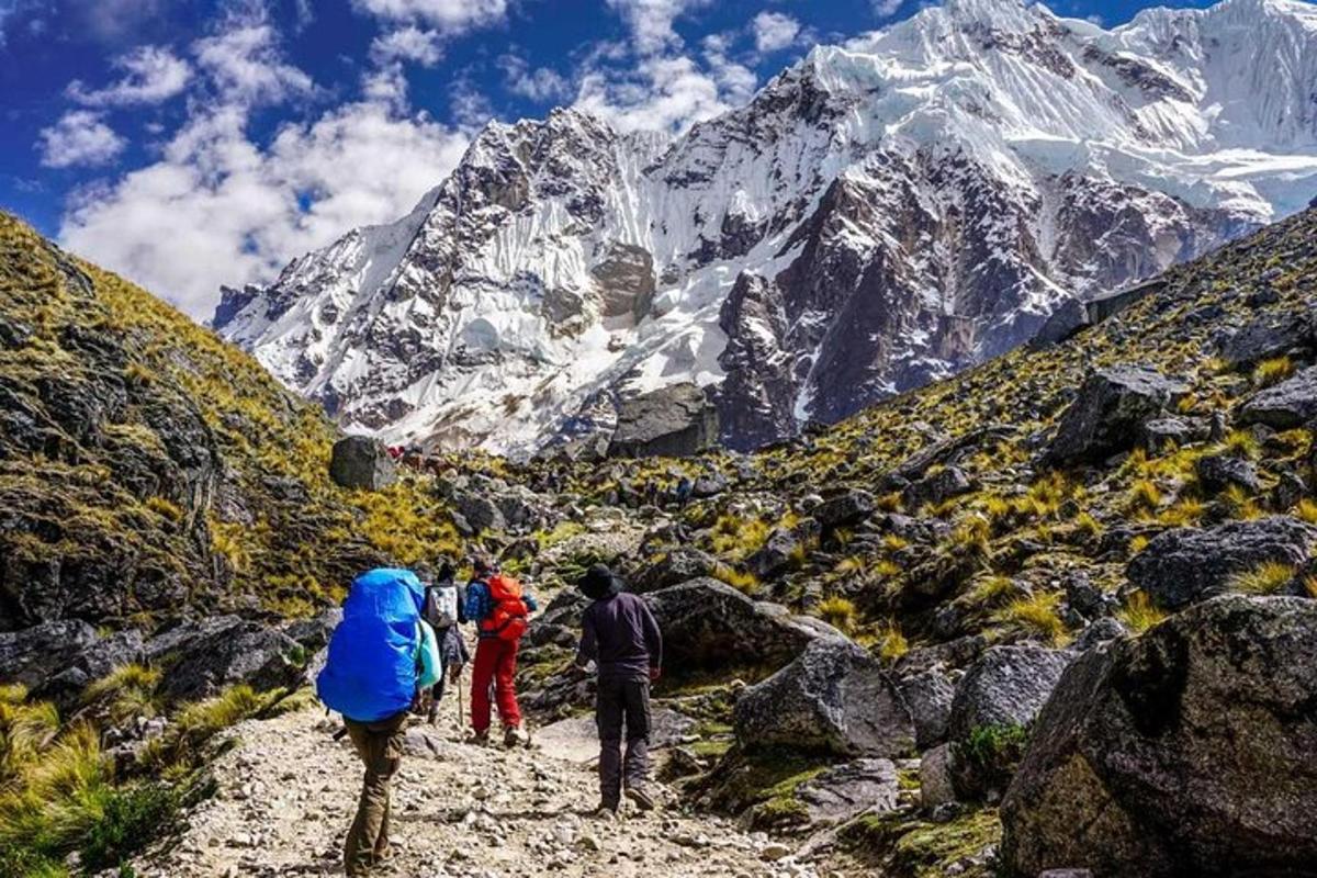 a group of people walking on a mountain trail