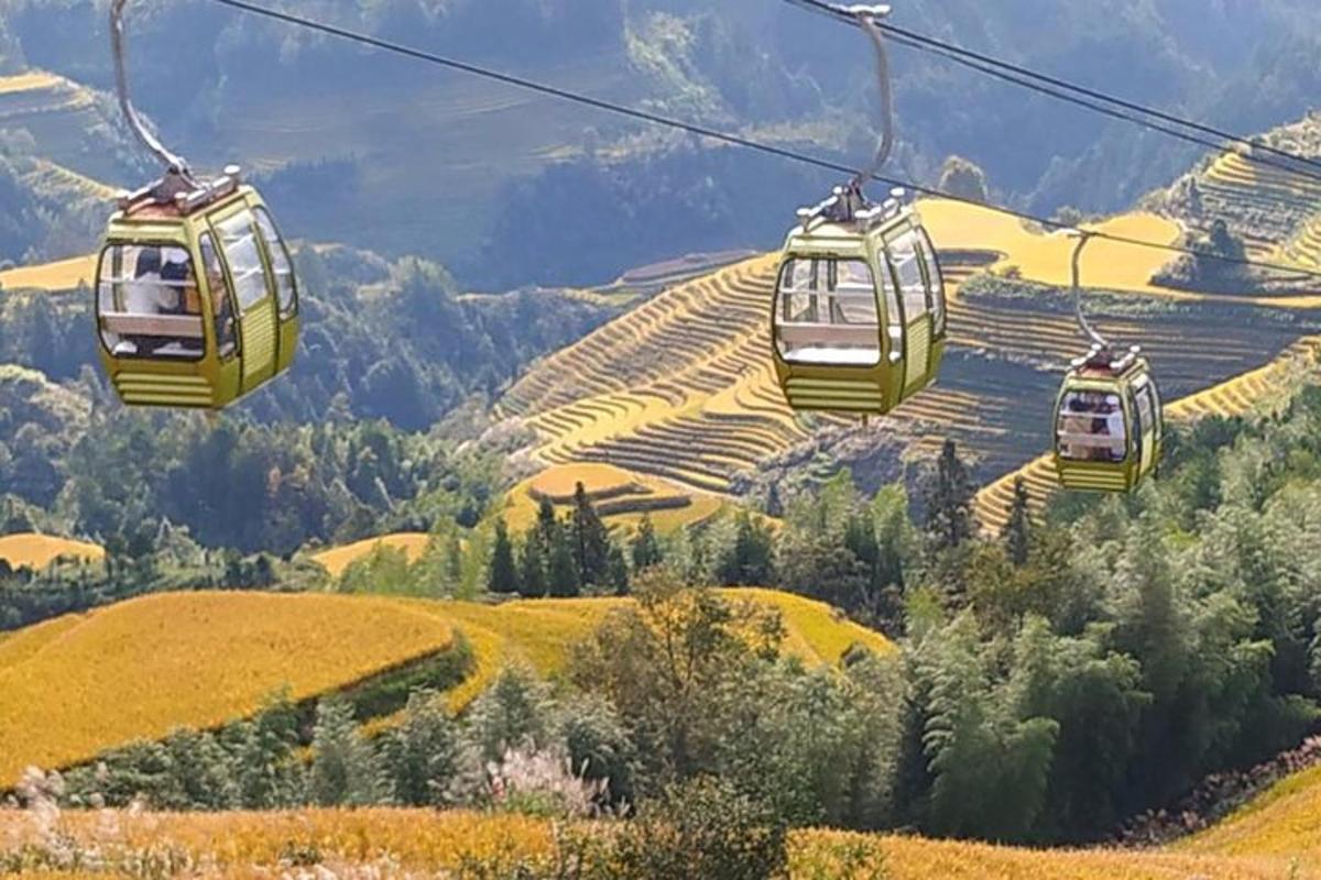 three tarleton gondolas flying over a hill with a view
