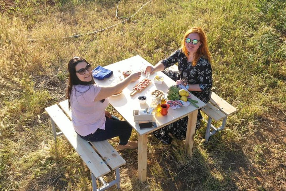 due donne sedute a un tavolo da picnic in un campo