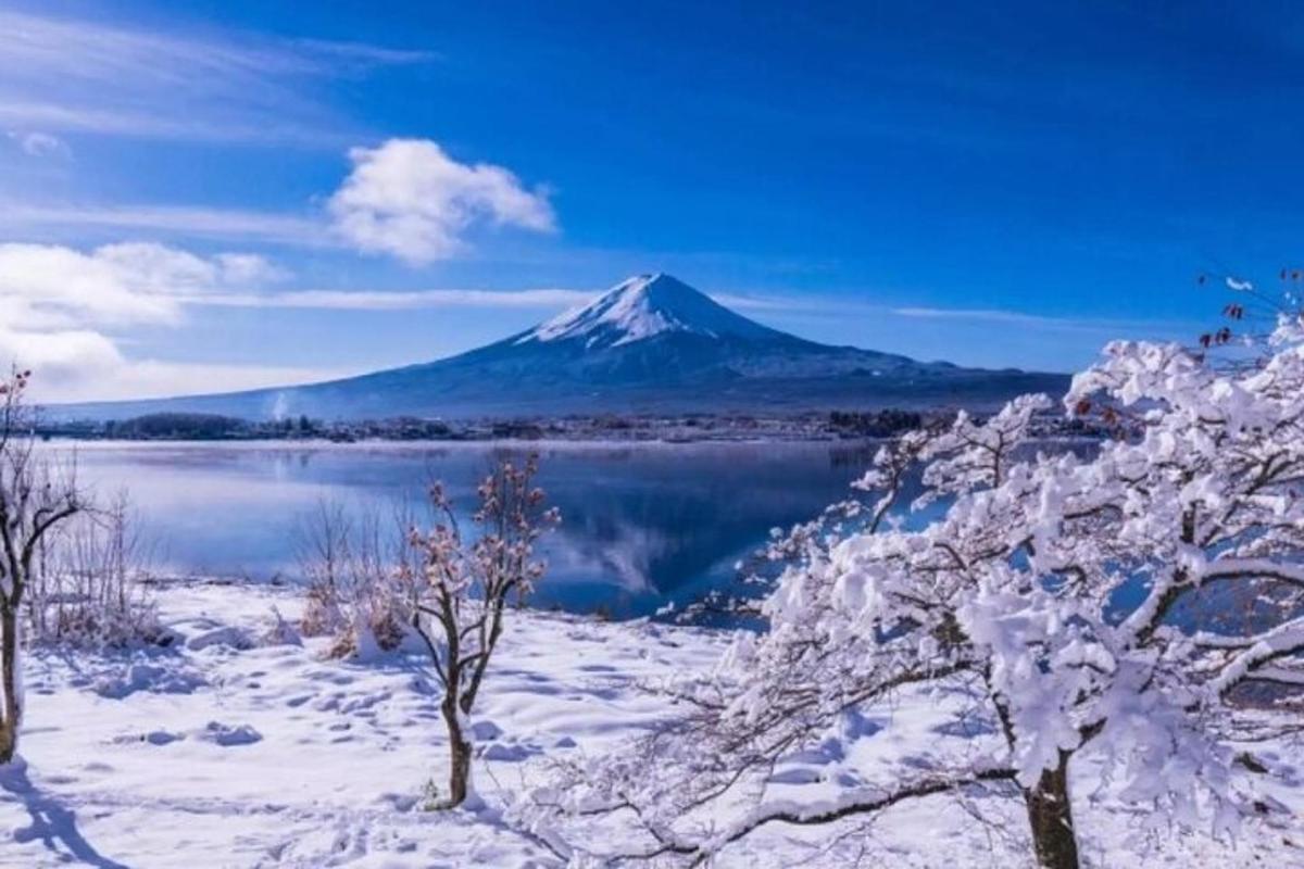 una montaña cubierta de nieve frente a un cuerpo de agua