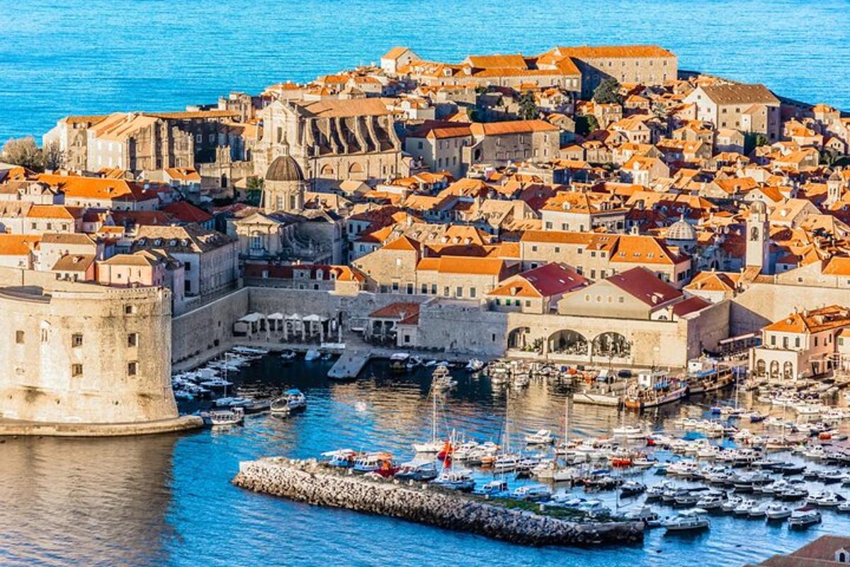 an aerial view of a city with boats in the water
