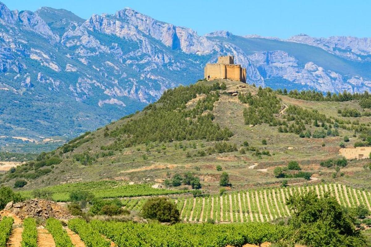 un castell al cim d'un turó amb muntanyes