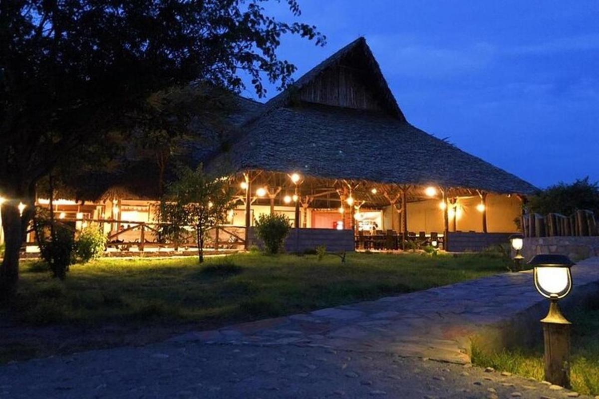 velká budova se světly v trávě v noci