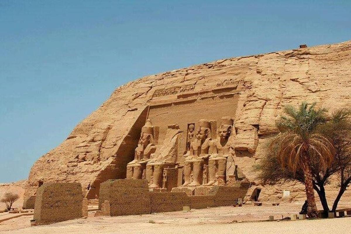 Una pirámide en el desierto con una palmera delante de ella.