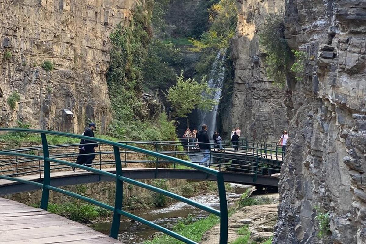 un gruppo di persone che camminano su un ponte vicino a una montagna