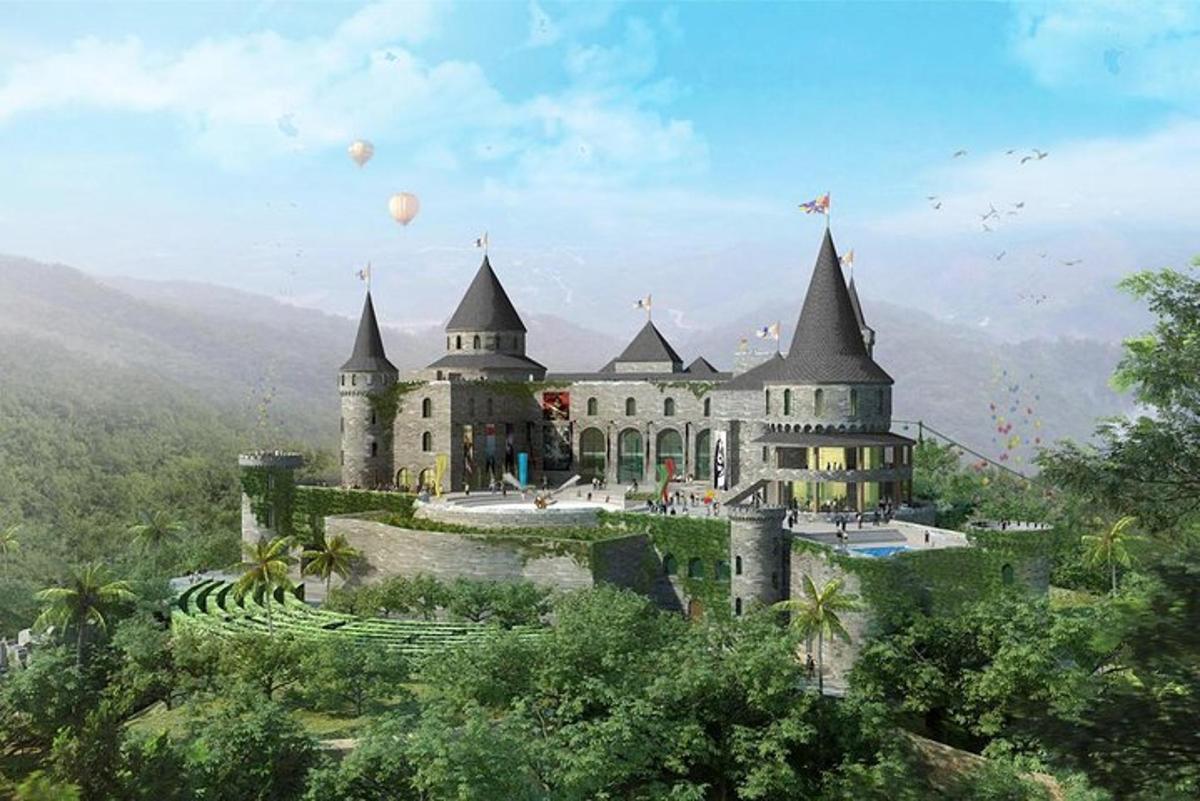 Una representación de un castillo con dos globos aerostáticos.