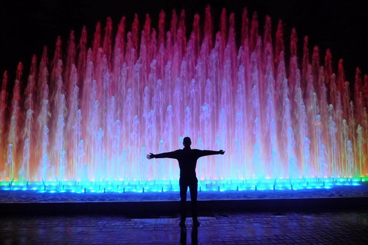 a man is standing in front of a fountain