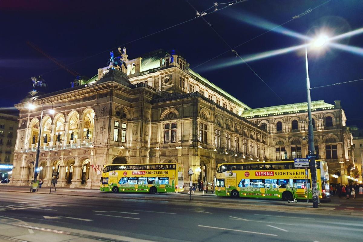 dos autobusos aparcats davant d'un edifici a la nit