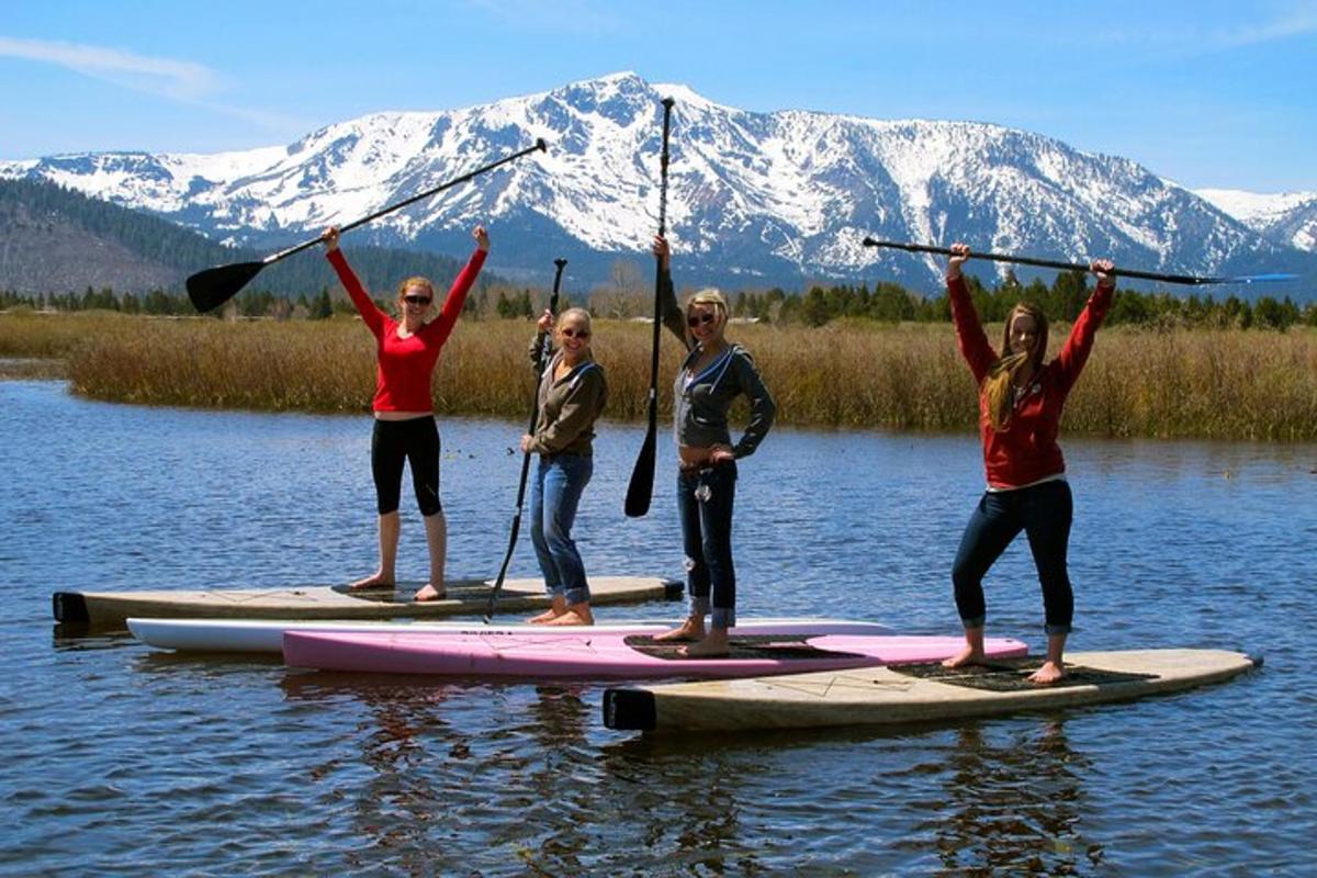 a group of people standing on paddle boards in the water