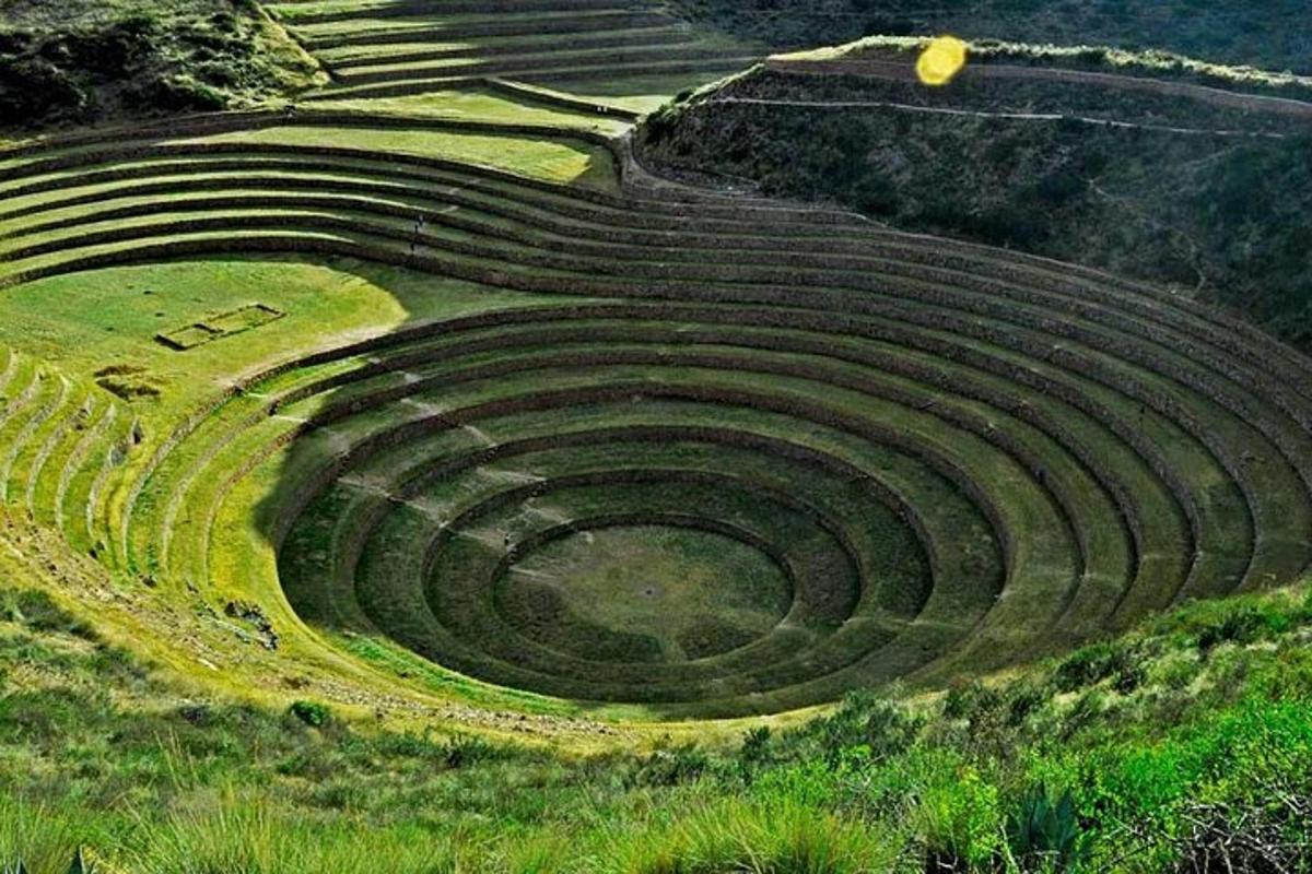 un antico anfiteatro in un campo con erba