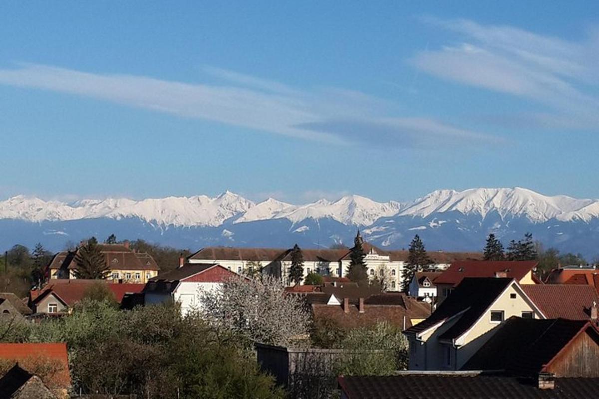 a town with snow capped mountains in the background