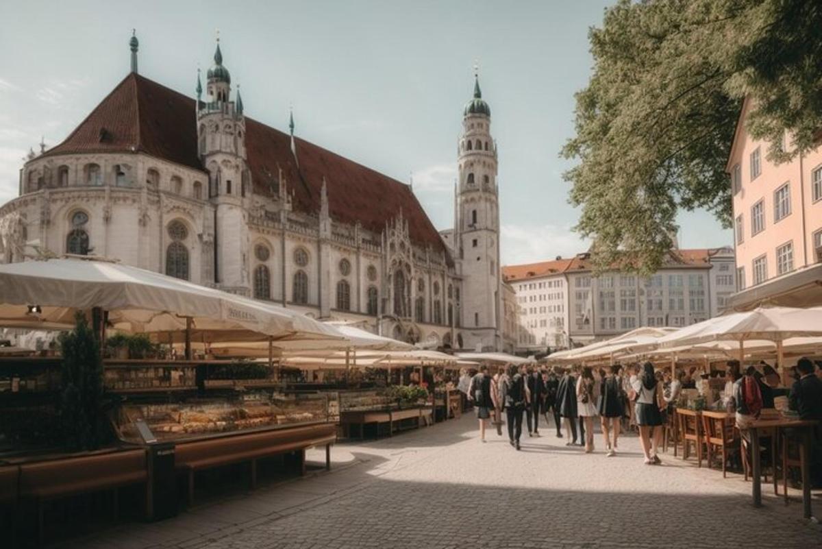 skupina lidí procházejících se po trhu před budovou