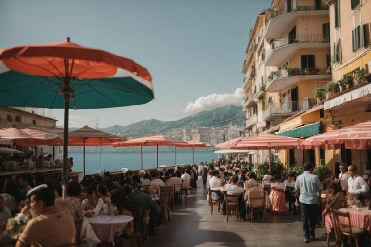 un grup mare de oameni așezați la mese cu umbrele
