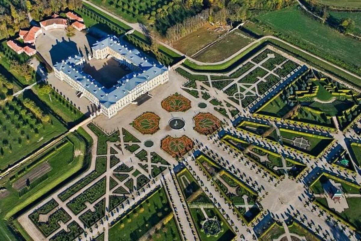 an overhead view of a building with a water park