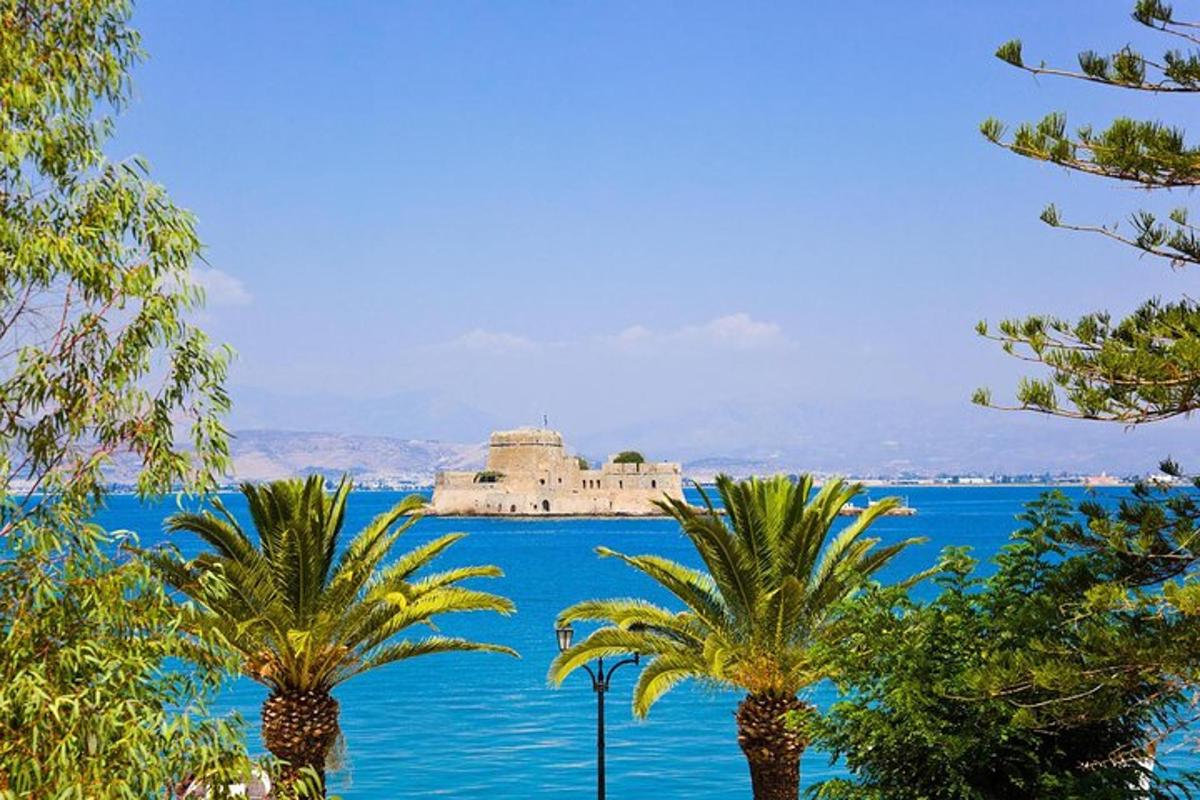 δύο φοίνικες μπροστά σε ένα μεγάλο σώμα νερού
