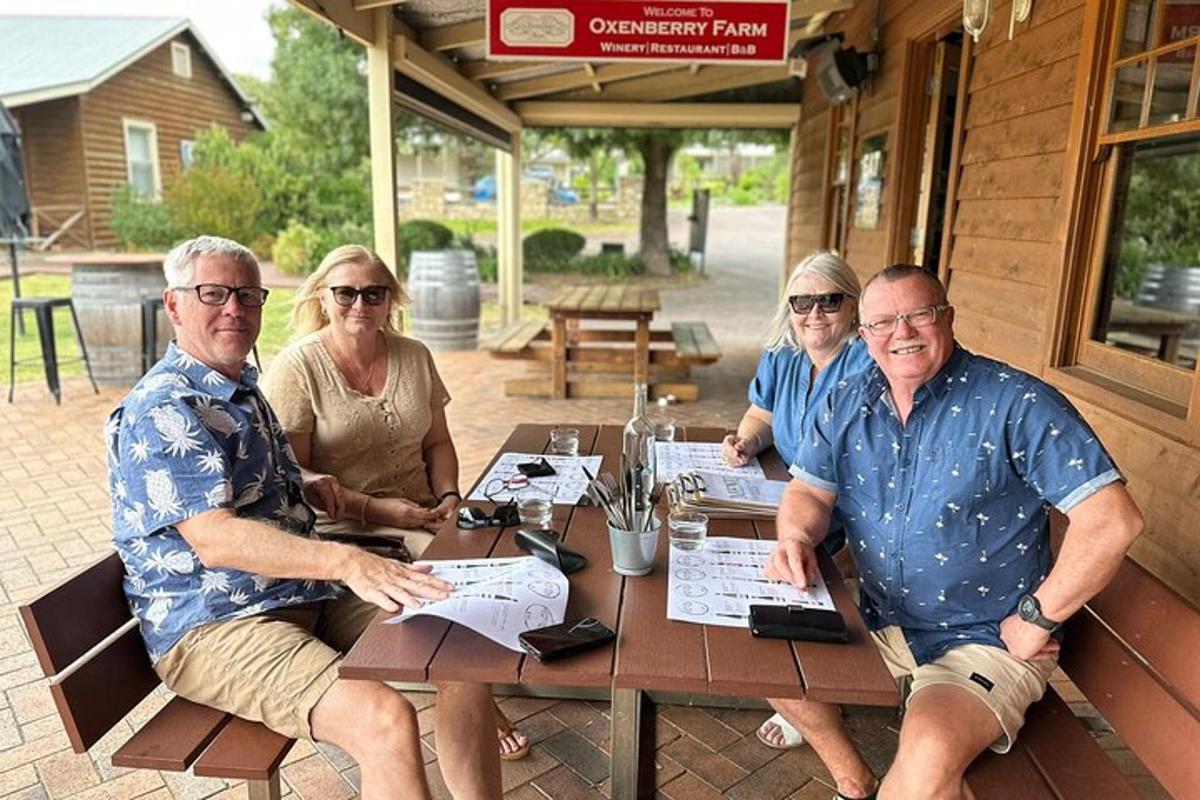 a group of people sitting at a picnic table
