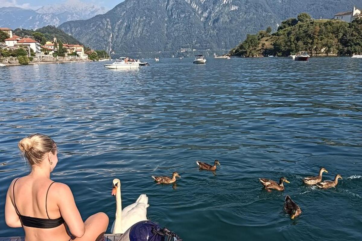 isang babaeng nakaupo sa isang bangka na nanonood ng mga itik sa tubig