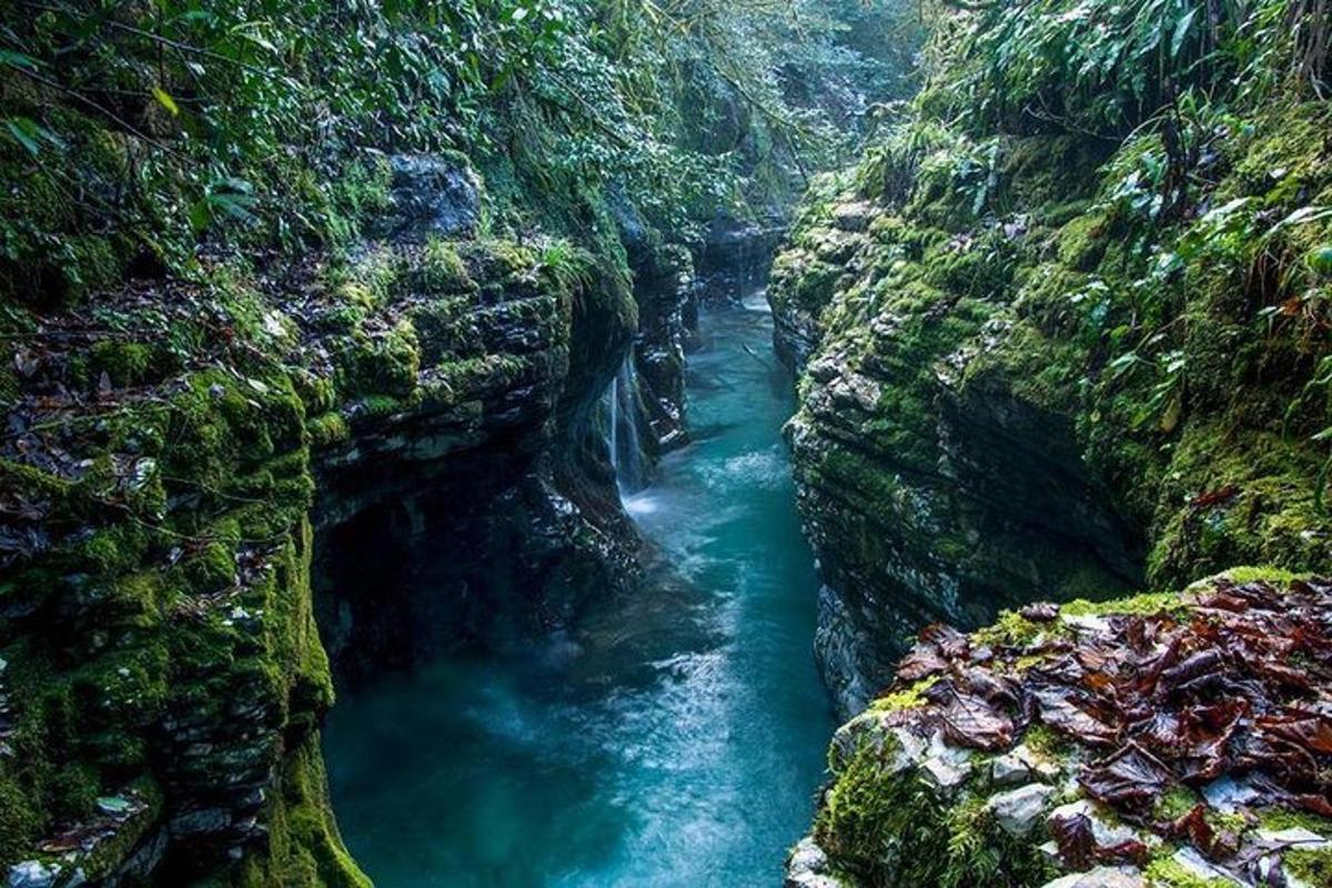 un fiume in un canyon con rocce verdi