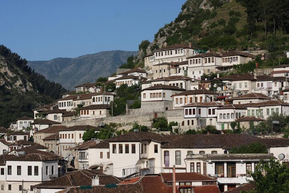 a group of white houses on a mountain