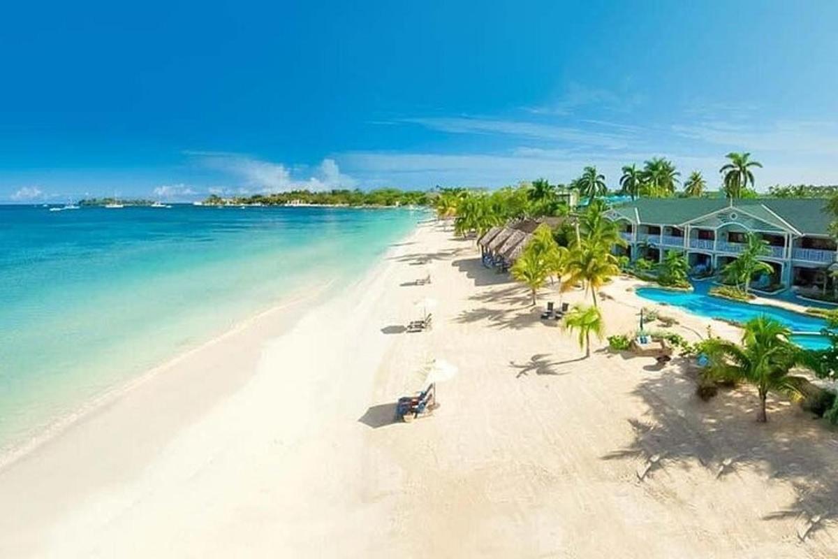 uma vista aérea de uma praia com um resort