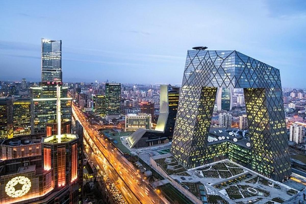 a view of a city at night with a building