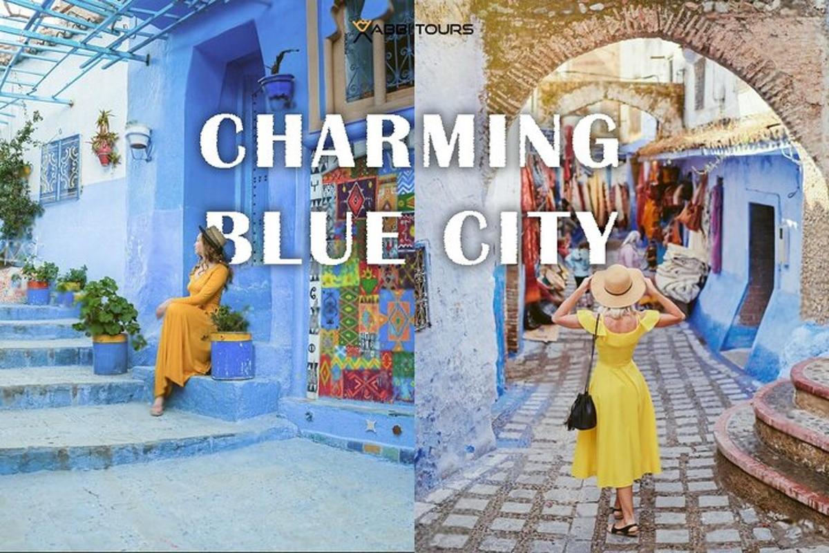 una donna in un vestito giallo in piedi davanti a una città blu
